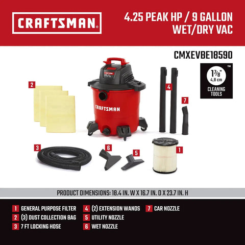 9 Gallon Wet Dry Shop Vacuum With 4.25 Peak HP, Portable Cleaner with included filter, 3 dust bags, hose, and attachments.