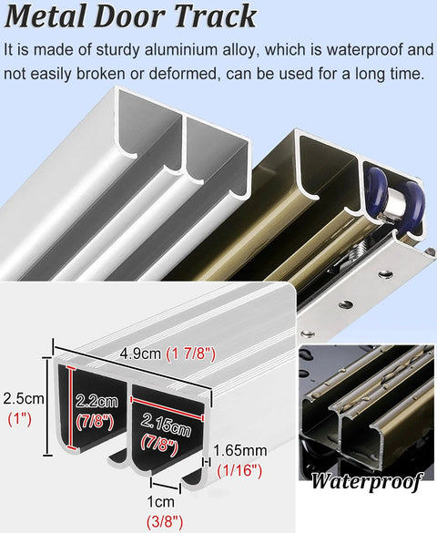 Smooth Glide Cabinet Sliding Door Kit With Double Rails For Kitchen And Wardrobe Interior Bypass Barn Door Hardware Wall Mount System For 36 48 Or 60 Inch Openings Champagne Finish Includes 4 Rollers And Aluminum Track showing aluminum tracks and rollers with dimensions.