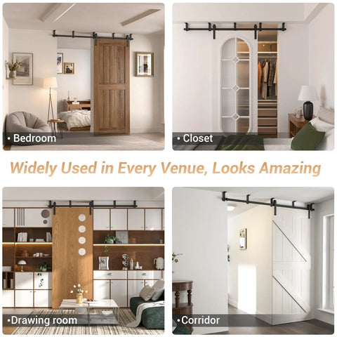 Heavy Duty Ceiling Mount Sliding Barn Door Hardware Kit Black For 8Ft Doors L Shape Bracket System in various room settings