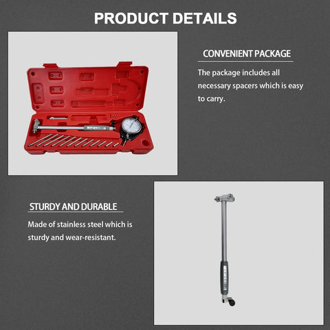 Dial Indicator Bore Gauge 2 To 6 Inch Range With 0.001 Inch Accuracy in red ABS case, carbide anvils, 6 inch stem shown