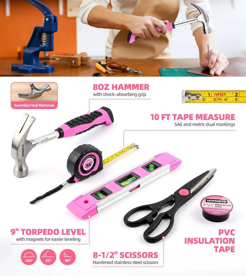 Pink 136 Piece Cordless Tool Set With 3.6V USB Electric Screwdriver displayed with hammer, tape measure, level, scissors on table.