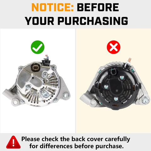 Comparison of two alternator backs, correct on left, incorrect on right for Beefed Up Alternator Replacement Compatible With Dakota 3.7L 2004 Through 2006, Dakota 4.7L 2001 Through 2006, Jeep Grand Cherokee 4.7L 2001 Through 2003, Jeep Liberty 3.7L 2003 Through 2006, Mitsubishi Raider 3.7L 4.7L 2006 Replacement 13873 400 52058
