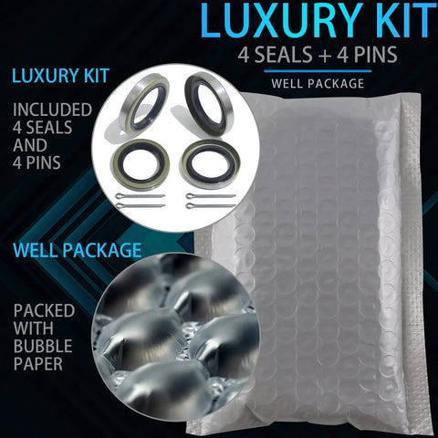 4 Pack Trailer Axle Hub Wheel Grease Seals With Cotter Pins For 3500Lb Spindles 1.719 Inch ID And 2.565 Inch OD 0.5 Inch Wide Fits Dexter 010-019-00 171255TB Replaces National NOK GS Series Ideal For DIY Trailer Repair, showing luxury kit packaging with 4 seals, 4 pins, bubble wrap.