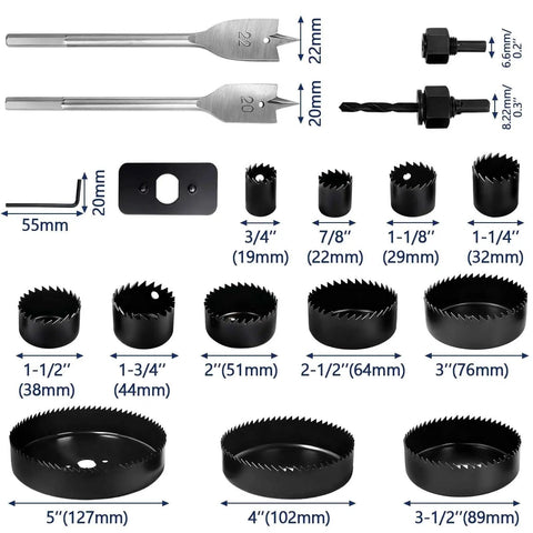 18Pcs Hole Saw Kit for Wood and PVC with 3/4 to 5 Inch Saw Blades, Mandrels, Drill Bits, Installation Plate, Hex Wrench, Flat Saw