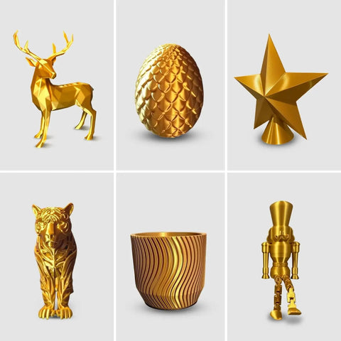 Various 3D printed objects in gold using Premium Metallic Gold Silk PLA Filament 1.75mm For 3D Printers 1kg Spool.