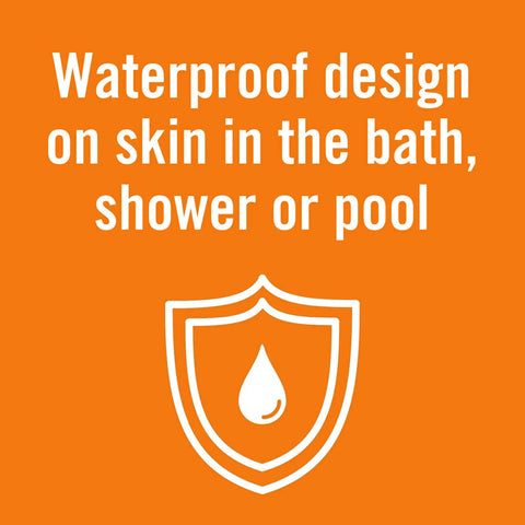 Text 'Waterproof design on skin in the bath, shower or pool' highlighting the waterproof feature of cushioned foam bandages.