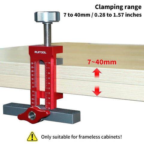 2 In 1 Cabinet Door Mounting Jig For Frameless Cabinets, Adjustable Aluminum Alloy Hardware Jig showing clamping range 7-40mm