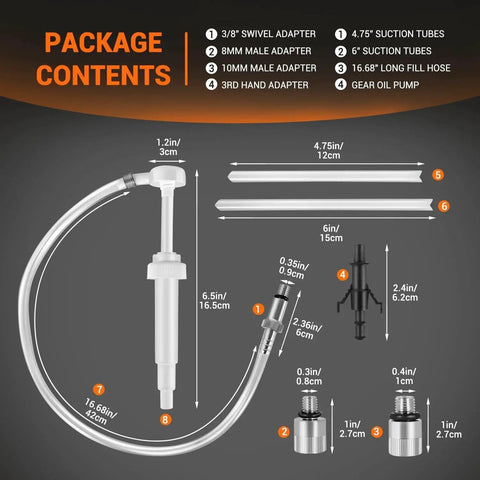 Lower Unit Gear Oil Pump For Quart Bottles 10cc Stroke 8mm And 10mm Adapters with hose, adapters, and suction tubes