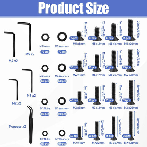 Product size chart showing components from the Massive Over 1500 Piece Set With All In One M2 To M5 Flat Head Hex Socket Screws Ten Point Nine Grade Alloy Steel Bolts Nuts Washers Wrenches Tweezers And Storage Box For Home DIY Projects.