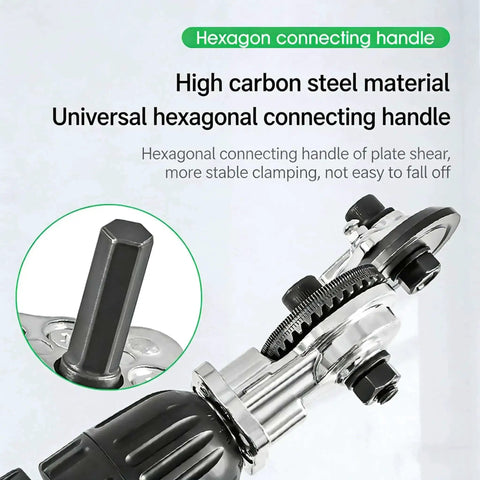 Drill Nibbler Sheet Metal Cutter Attachment showing hexagonal connecting handle for fast burr-free cuts on various metals.
