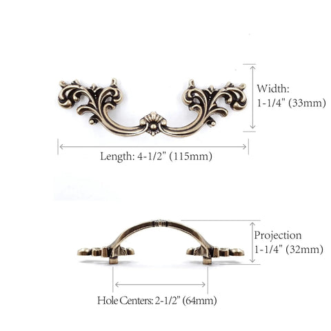 Antique Brass French Provincial Drawer Pulls Six Pack With Two And One Half Inch Hole Centers Four And Half Inch Length One And Quarter Inch Projection And One And Quarter Inch Width Zinc Alloy Shabby Chic Hardware For Dresser Nightstand Cabinet showing dimensions