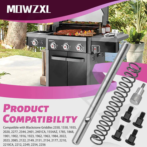 Locking Pin And Spring Kit For Blackstone Griddles With Flexfold Legs shown with griddle and compatibility chart