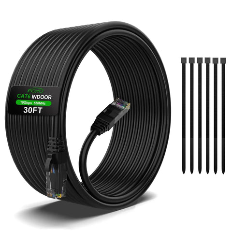 30Ft Cat6 Ethernet Cable Patch Cable For Fast No Fuss Home Network, 550MHz Bandwidth, 10Gbps Ready, UTP Indoor Outdoor, includes 25 cable ties