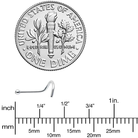 20 Gauge Nose Stud In Stainless Steel 316L With Clear Accent Micro Screw Head, 6mm Length, shown next to a US dime for scale