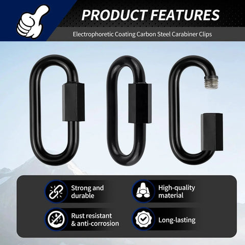 Three black carbon steel carabiner clips with screw locks showcasing product features and benefits like durability and rust resistance.