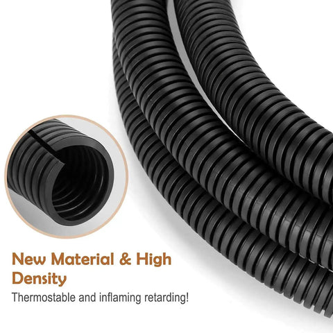 Close-up of 20 Foot One Half Inch Wire Loom Split Tubing Auto Wire Conduit Flexible Cover Heat Resistant Black Plastic