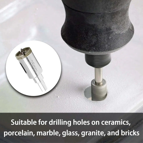 Image of a One Inch Diamond Hole Saw With Pilot Drill Bit drilling into a surface, ideal for ceramic and glass.