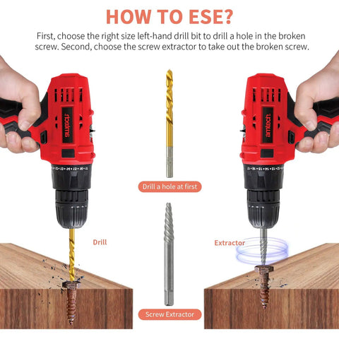 15 Piece Screw Extractor Kit With Left Hand Drill Bits For Removing Broken Bolts And Stripped Nuts In Cobalt HSS 6542 Cr Mo Steel EZ Out Center Punch Kit being used on wood with drills.