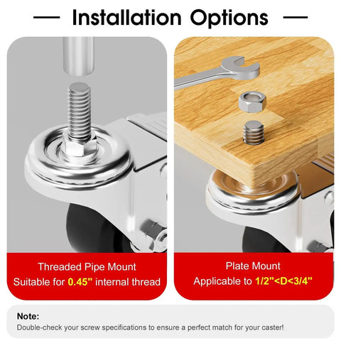 Installation options for Heavy Duty Caster Wheels Set Of 4 With 2000 Pound Capacity Dual Locking 360 Degree Swivel Silent Casters.