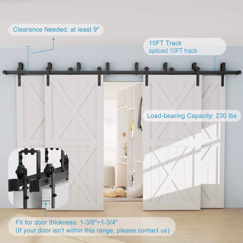 10 Foot Four Door Double Track Bypass Sliding Barn Door Hardware Kit For Interior Use With Rails And Rollers Doors Not Included