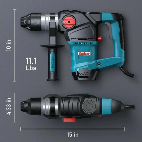 Heavy Duty One And A Quarter Inch SDS Plus Rotary Hammer Drill With 12.5 Amp Motor, shown with side measurements