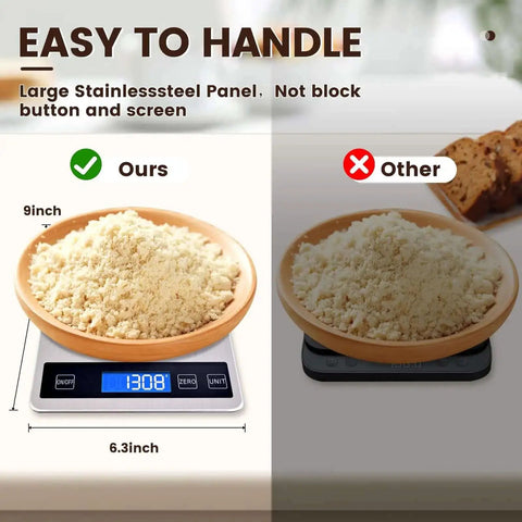 Dope Digital Kitchen Scale With USB Charging Or Battery Power, waterproof stainless steel, displaying flour on easy LCD readout