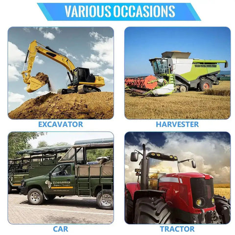 Various vehicles including an excavator, harvester, car, and tractor in different environments demonstrating usage.