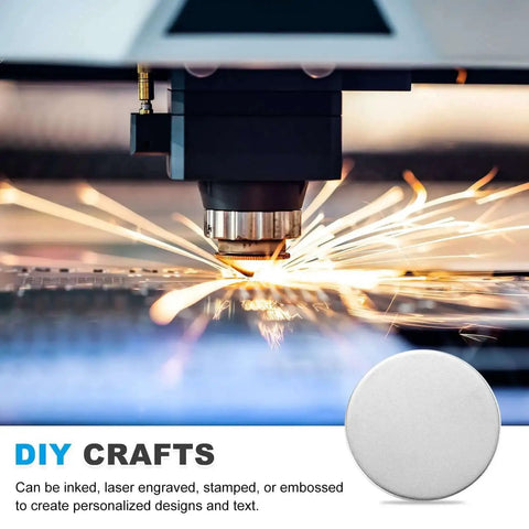 Laser engraving machine working on Stainless Steel Disc Blanks For Engraving Five Eighths Inch Diameter 0.08 Inch Thick Round Metal Stamping Blanks Pack Of 55 For DIY Jewelry, Name Tags, Keychains And Crafts.