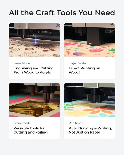 All In One Desktop Craft Machine With 4 In 1 Capabilities, 20W Laser Engraver, Vinyl Cutter, Inkjet Printer shown with samples