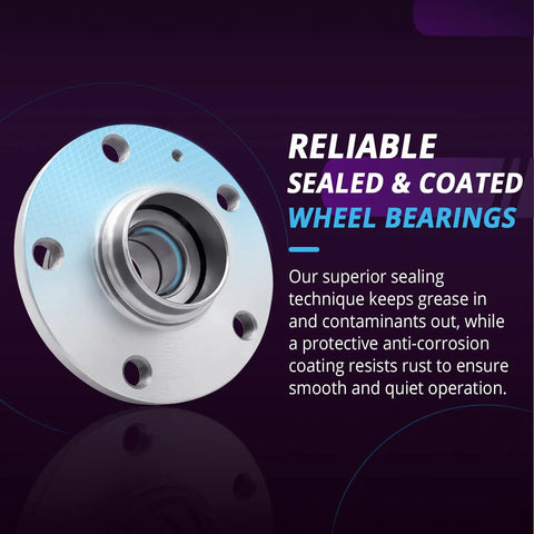Front Wheel Hub Assembly Replacement For 2010 Through 2017 Chevy Equinox And GMC Terrain 2014 Through 2017 Chevy Impala 2013 2015 Malibu 5 Lug Encoder ABS 3 Bolt Triangular Flange Two Piece Set 513288 shown with sealing and coating features.