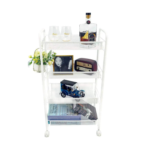 4 Tier Rolling Utility Storage Cart On Wheels In White Carbon Steel With Epoxy Coated Finish Heavy Duty Shelf Unit Displayed