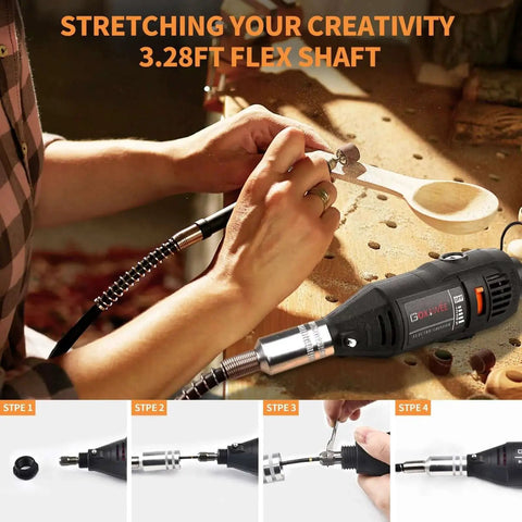 User using Versatile Rotary Tool Kit With Keyless Chuck And Flex Shaft for wood carving