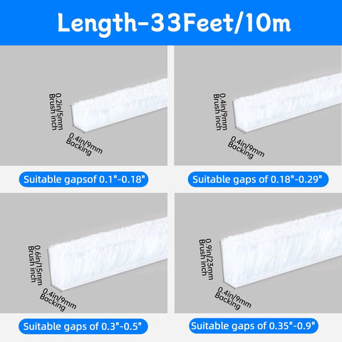 Door brush seal strip with white felt pile, 33 ft length, self-adhesive weather strip for doors/windows, 0.4 in wide