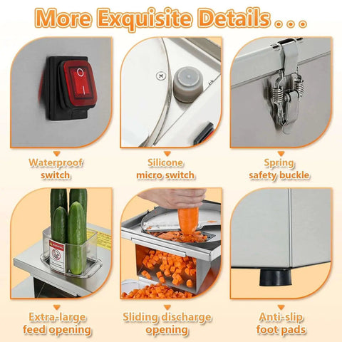 4 In 1 Commercial Vegetable Processor With 200W Electric Slicer Dicer Shredder And Crinkle Cutter All Stainless Steel 110 Volt Built For Heavy Duty Commercial And Home Use showing waterproof switch, silicone micro switch, spring safety buckle, extra-large feed opening, sliding discharge opening, anti-slip foot pads.