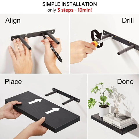 Installation steps for Wall Floating Shelves, Wall Mounted Rustic Wood Shelves for Bathroom, Bedroom, Living Room, Kitchen.