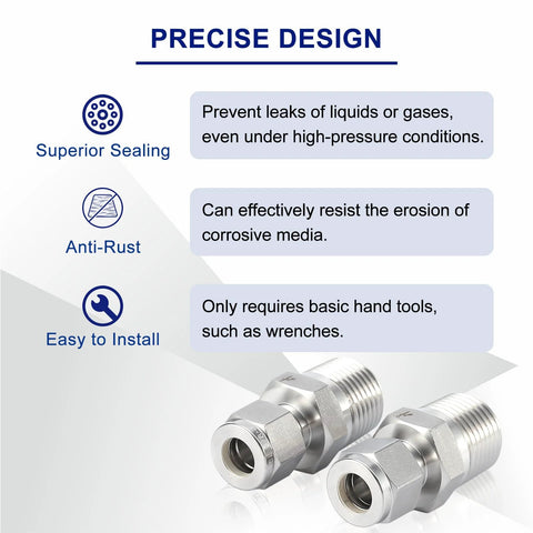 Two VALVENTO 316 SS compression tube fittings, 1/2 in OD to 1/2 in NPT male straight adapters, double ferrules