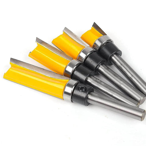 Flush Trim Router Bit Set With Top Bearing Four Piece Kit One Quarter Inch Shank Cutting Lengths Half Inch Three Quarter Inch One Inch And One Half Inch Template Guide For Woodworking Milling Cutter Tool For Plywood Hardwood Softwood.