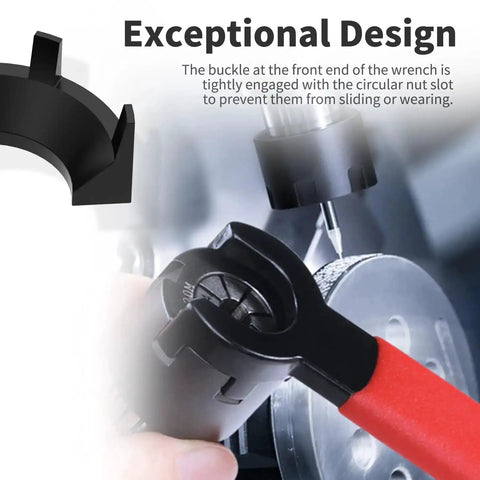 M Type Spanner Wrench For ER11 Collet Chuck ER11 Nut, Red Non Slip Handle in use, showing engagement with circular nut slot.