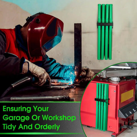 Welder using Welding Rod Storage Set With 8 Slot TIG Rod Rack And 8 40 Inch Tungsten Electrode Tubes Wall Mount Organizer installed on wall