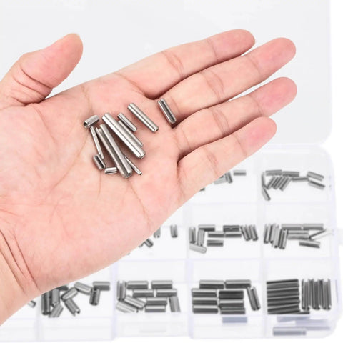 Hand holding 200 Piece Roll Pin Set Slotted Spring Pins 304 Stainless Steel Handy Assortment For Home Upgrades Automotive Repair.