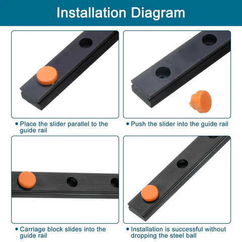Installation diagram of two 450mm linear guide rails for MGN12H carriage showing step-by-step installation with orange slider
