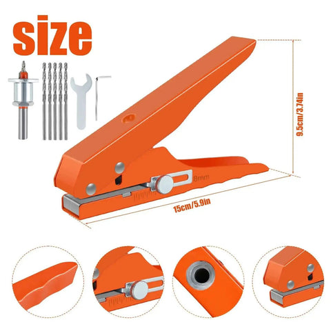 Beefy Five Sixteenth Inch Heavy Duty Single Hole Puncher with clear scale, shown in orange, size 15x9.5cm, with limiter and accessories.
