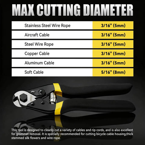 Heavy Duty Wire Cutters For Three Sixteenth Inch Cable And Fence Wire With Safety Lock Spring Loaded Handle And Non Slip Matte Grip Chrome Vanadium Steel Jaw By DISEN For Aluminum Copper And Steel Cable with cutting diameter chart.