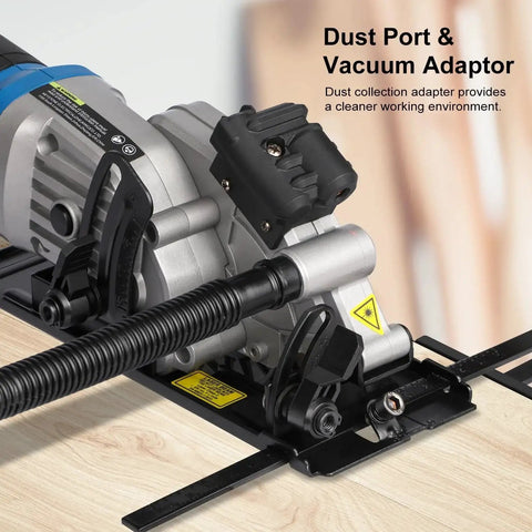 Close-up of dust port on Mini Circular Saw Corded 4 Amp 3500 RPM With Laser Guide And Rip Guide For Precise Wood Cuts Ideal For DIY Projects