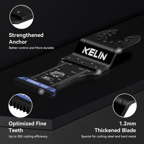 Six Piece Carbide And Titanium Multitool Blades Kit, Heavy Duty Oscillating Tool Blades For Wood And Metal Cutting, Nails And Screws, PVC And Drywall, With Hangable Case, Universal Interface Fit Bosch Fein Dewalt, close-up view of blade with features labeled