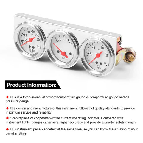 Universal Chrome 2 Inch 3 In 1 Triple Gauge Set Kit With Oil Pressure 0 To 100 PSI Volt Gauge 8 To 16V Water Temp 100 To 280 F