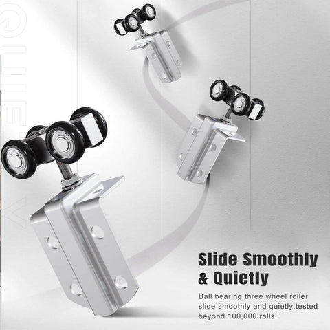 Close-up of ball-bearing roller mechanism of Exterior Sliding Barn Door Hardware Kit With Box Rail Track Supports Up To 450 Pound Capacity Built Tough Weather Resistant Steel Wall Mount System For Outdoor Use Fits Double 36 Inch Door.
