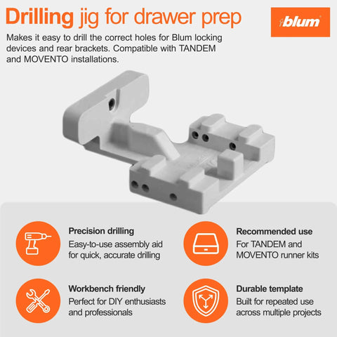 Precision drilling template for concealed undermount drawer runners that simplifies installation, delivering accurate rear-hook and locking-screw hole alignment. Gray plastic jig for Blum TANDEM and MOVENTO.