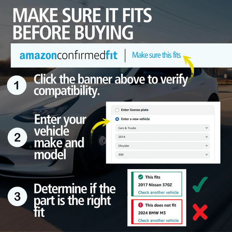 Instructions for using Amazon Confirmed Fit to check automotive part compatibility by entering vehicle details.