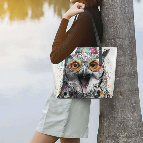 Woman carrying Owl Themed Womens PU Leather Tote Bag With Top Zipper Shoulder Handbag Go To Work Travel And Everyday Use
